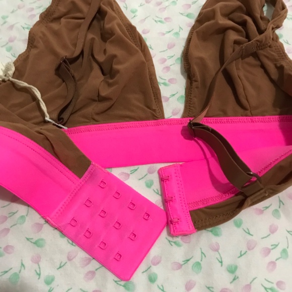 NWT Aerie SMOOTHEZ Mesh Plunge Bralette M Brown Hot Pink - Picture 5 of 8